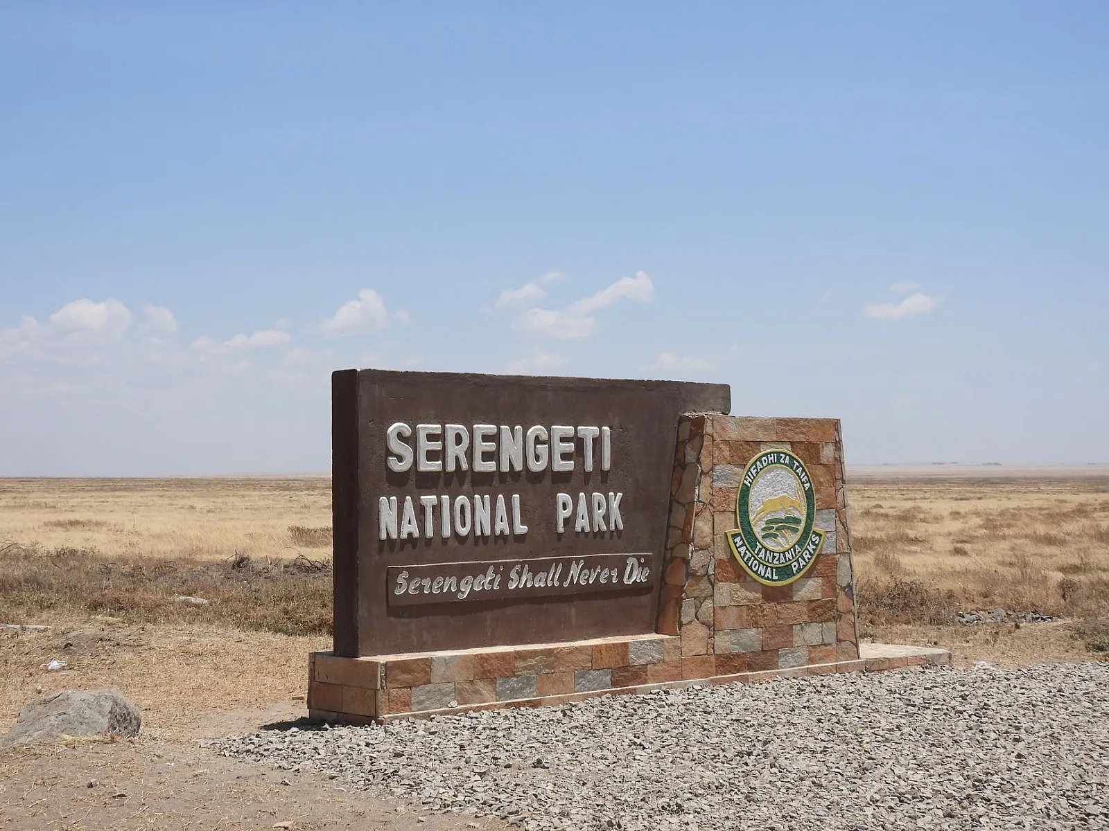Iconic Serengeti National Park sign in Tanzania against a backdrop of expansive grasslands under a clear sky.